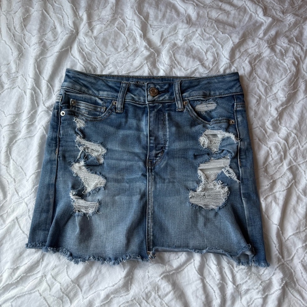 American Eagle Outfitters Blue Denim Distressed Jean Skirt Next Level Stretch
